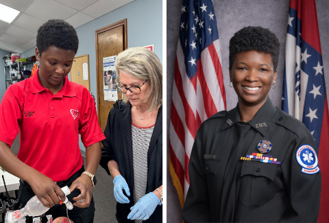 Two photos of Whitely, one at paramedic school and the other is a headshot of her in her EMT uniform. 