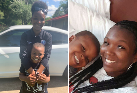 Two photos of Whitley with her son