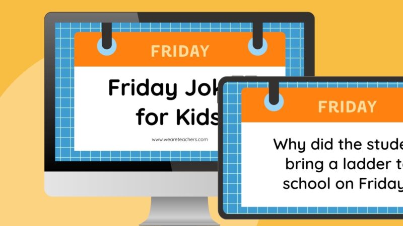 an image of a computer screen and ipad screen feature two Friday joke slides