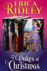 The 12 Dukes of Christmas boxed set books 9-12. Pictures of the four books standing on their ends with Forever your Duke showing at the front 