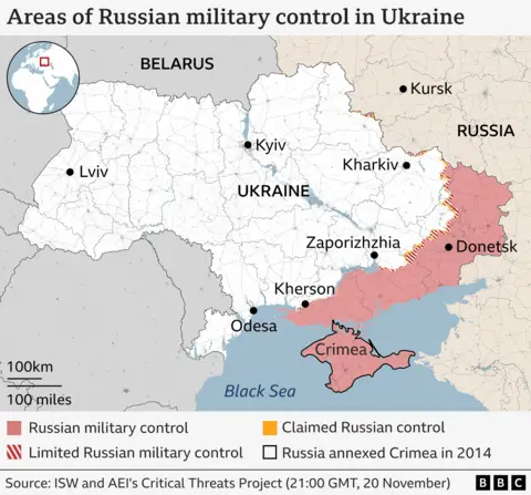 Map showing the front lines in Ukraine