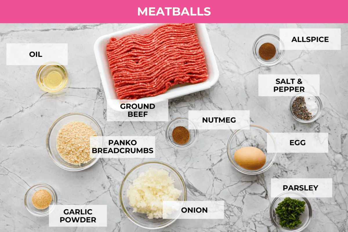 These are a top favorite recipe on the site for a reason—juicy meatballs, rich creamy gravy, and SO MUCH FLAVOR. They’re easy to make and way better than IKEA’s (yes, really!). A top down shot of the ingredients for the swedish meatballs.