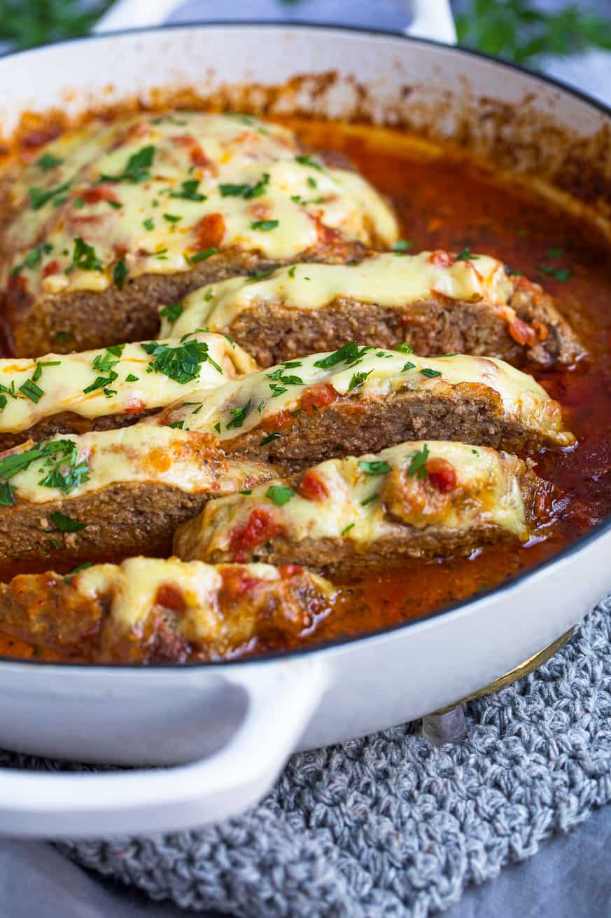 Italian Keto Meatloaf in a cast iron enamel pan.