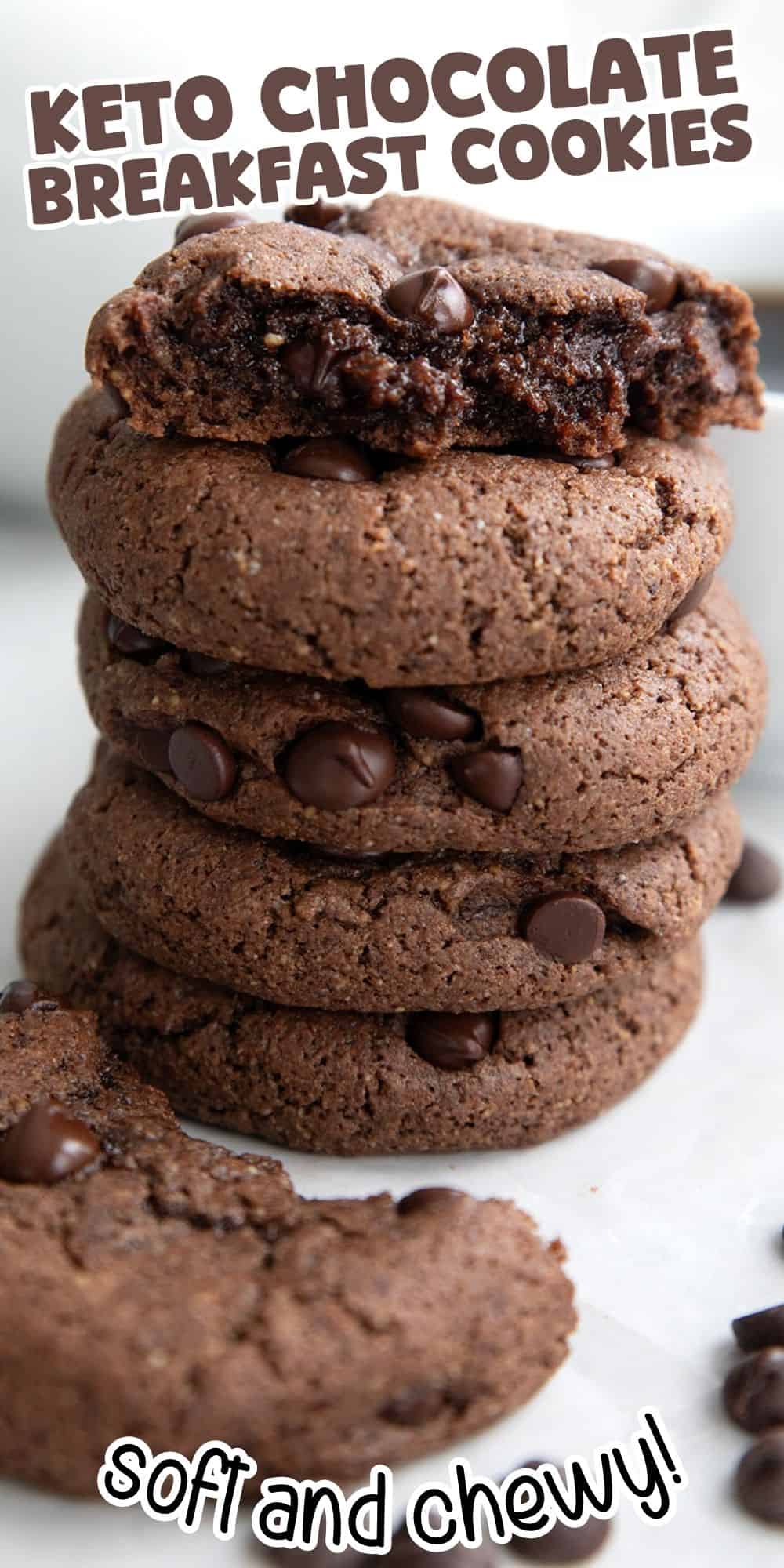 Titled image close up of a stack of keto chocolate breakfast cookies with the top ons broken open.