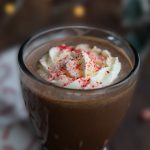 Keto Peppermint Protein Mocha in a glass mug with whipped cream on top.