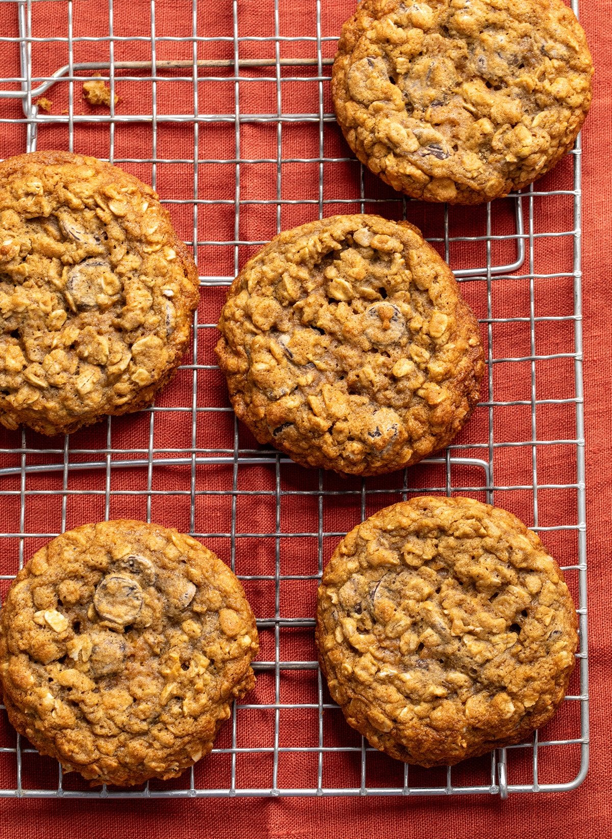 Five round oatmeal cookies resting on a metal cooling rack placed over an orange fabric surface.