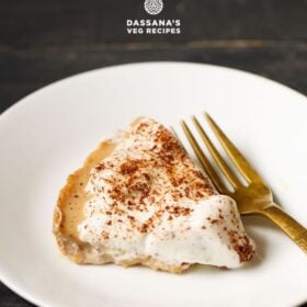 Slice of banoffee pie on white plate with text layovers.