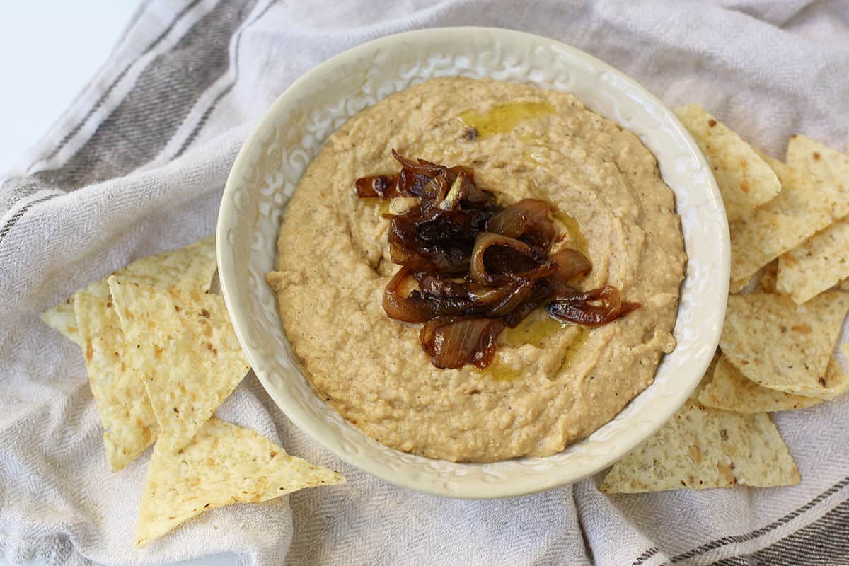 caramelized onion bean dip with tortilla chips