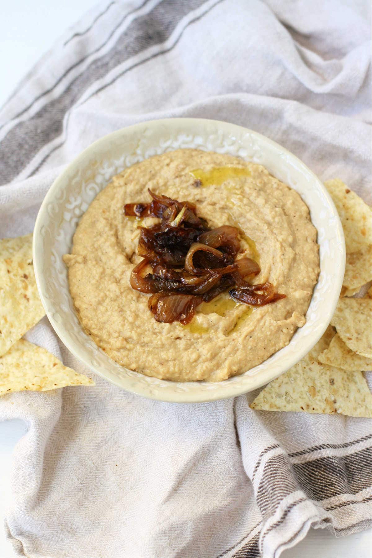 creamy white bean dip with caramelized onions