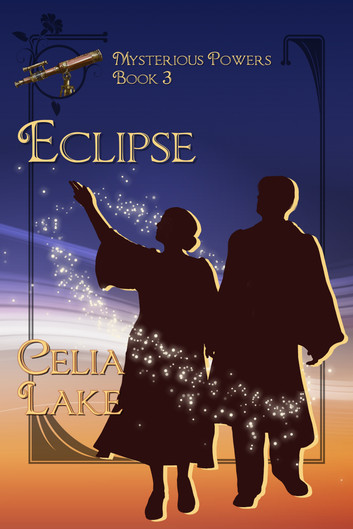 Eclipse - two silhouetted people in academic garb against a gold and blue sky with stars over the top of them in an arc 
