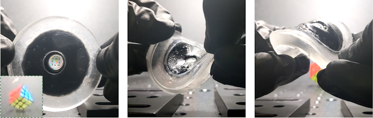three photos showing a rubbery disk held between two hands