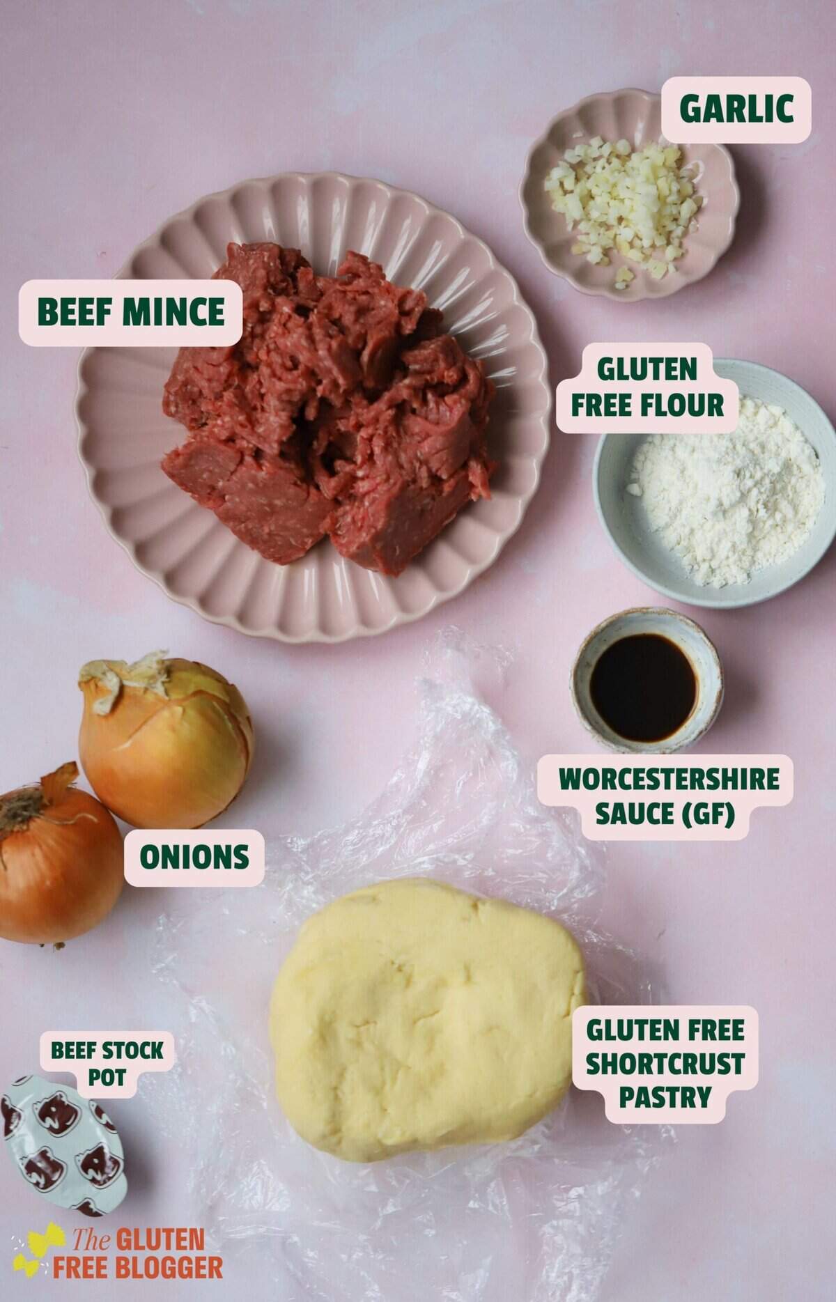 Ingredients for gluten free minced beef pie including pastry, beef, onions and garlic.