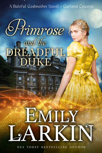 Primrose and the Dreadful Duke - a blonde woman in a gold dress looking over her shoulder with a stately home in the background 