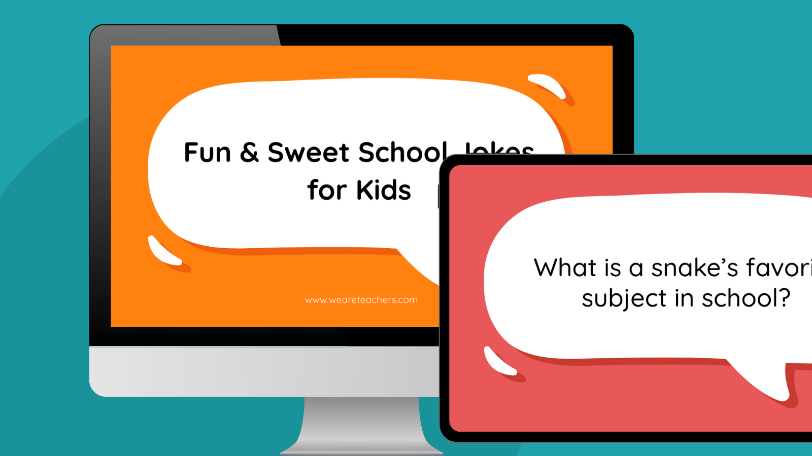 an image of a computer and ipad featuring a slide from our free google slides, school jokes for kids