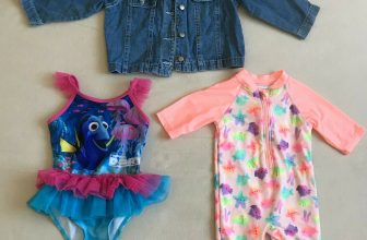 Baby Girl’s Summer Swimsuits Bundle 0-18 Months: swimsuits and denim jacket.