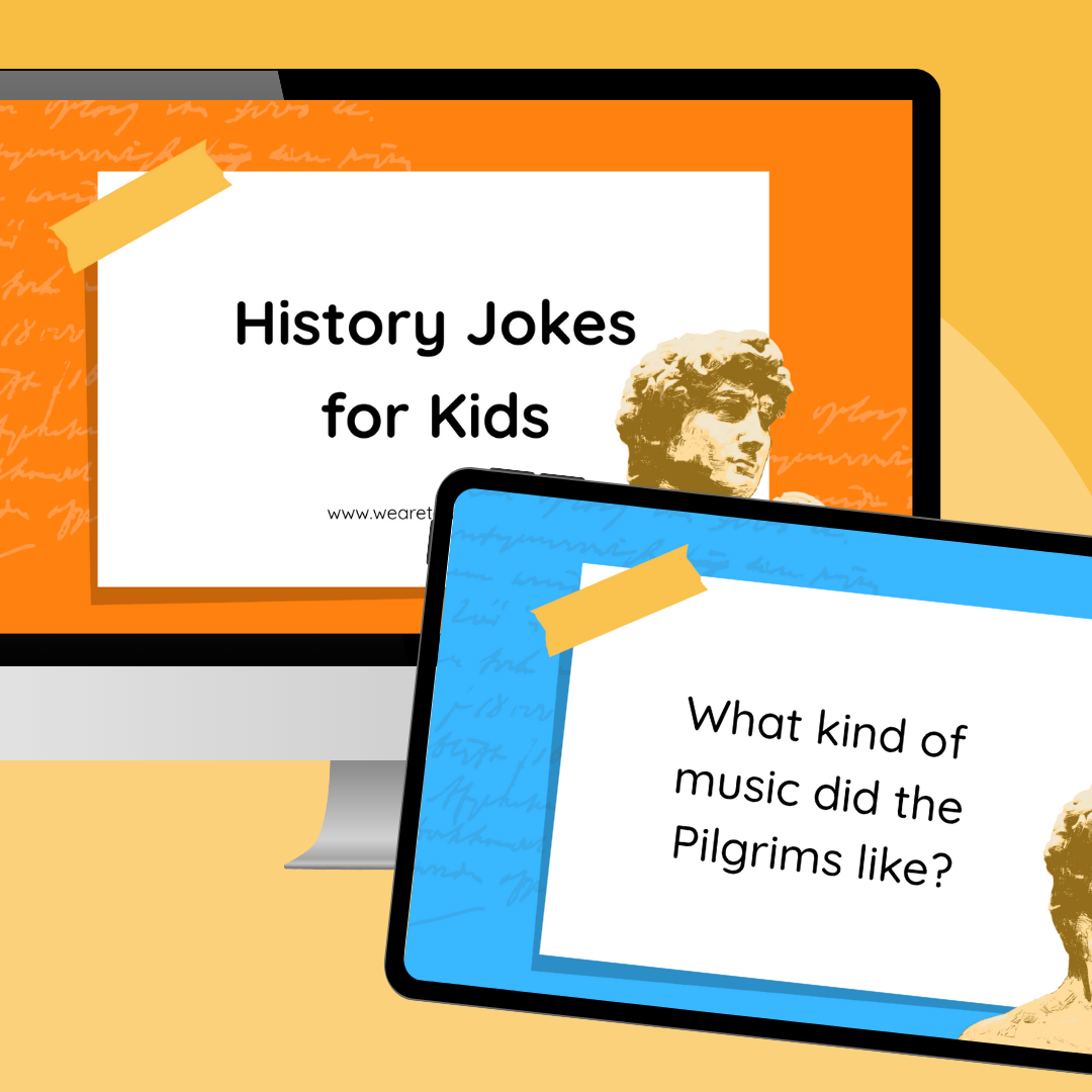 an image of a computer and ipad screen featuring history jokes for kids Google Slides