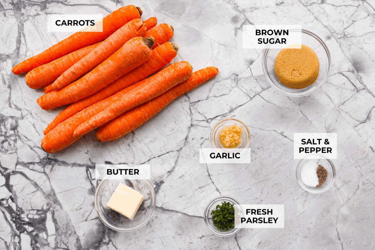 Overhead shot of labeled ingredients. 
