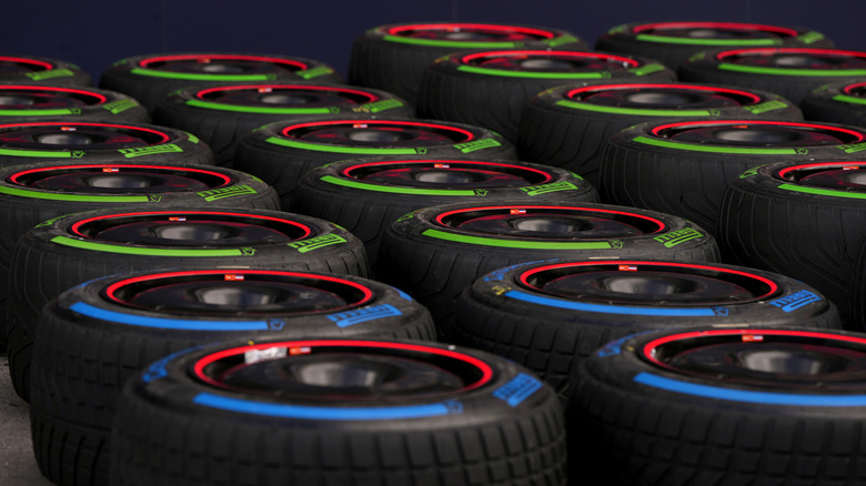 Multiple Pirelli intermediate and wet tires laid out