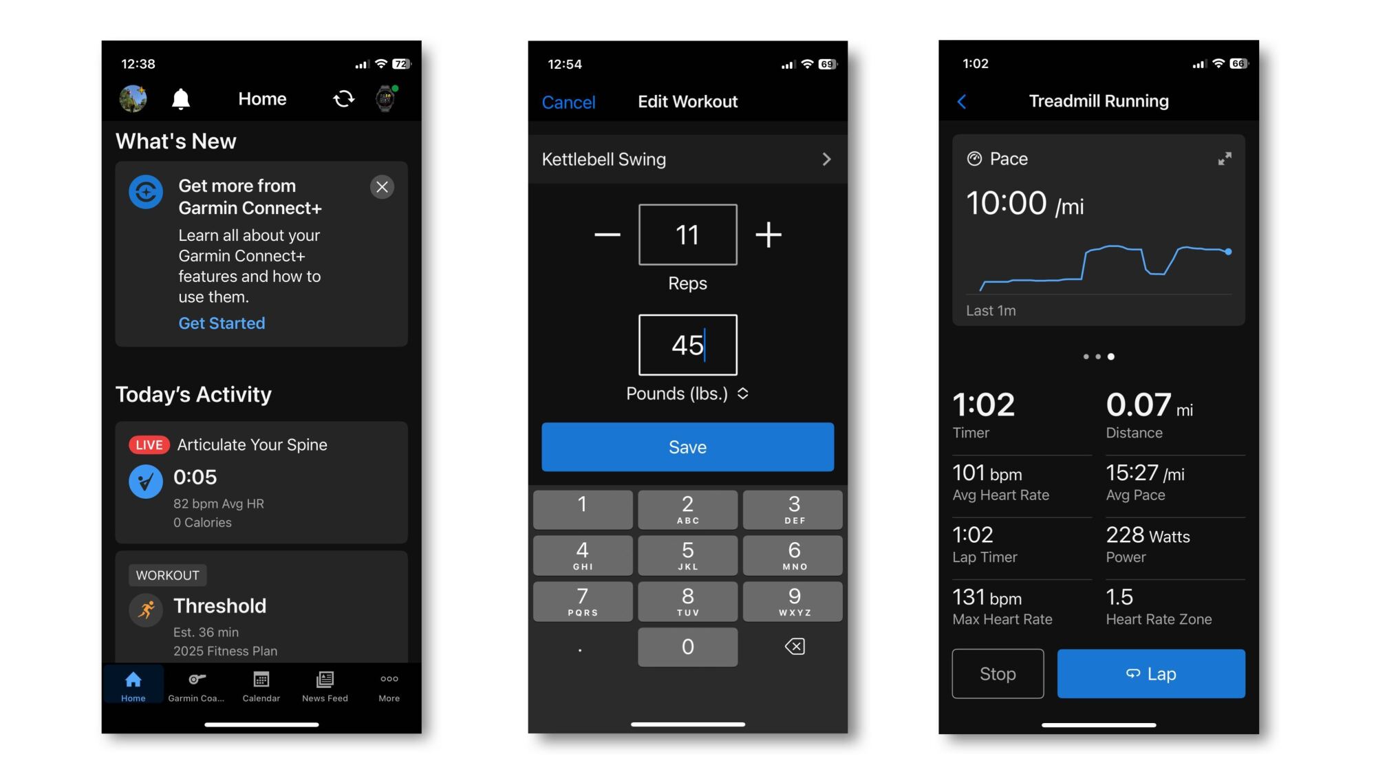 Screenshots of a live activity on the home screen, editing sets and reps, and what you see when you do a treadmill workout.