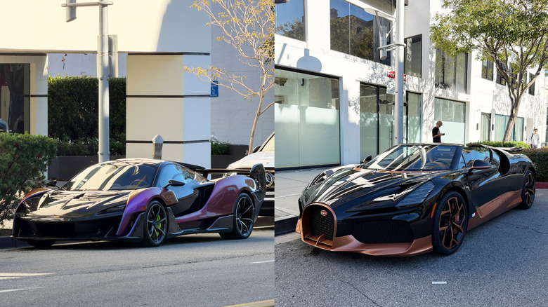 A street-parked McLaren Sabre and Bugatti Mistral
