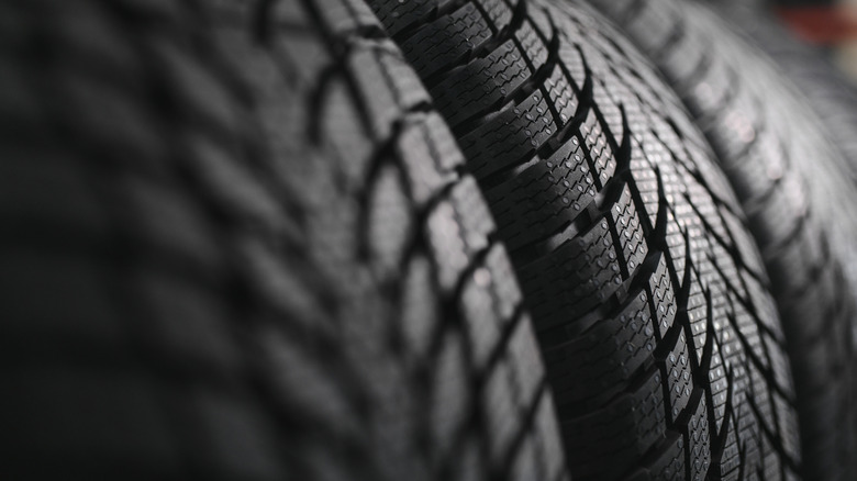 A close-up shot of numerous tires