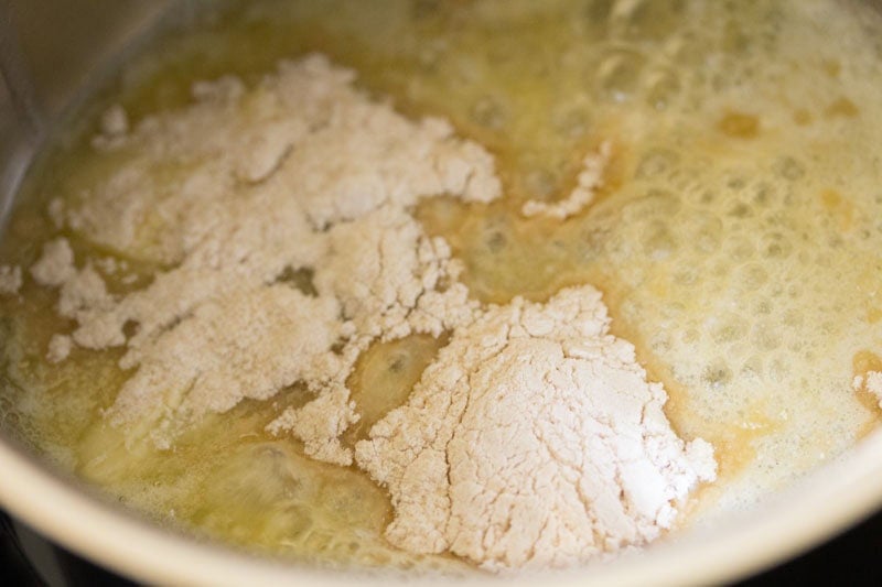 Flour added to bubbling butter mixture