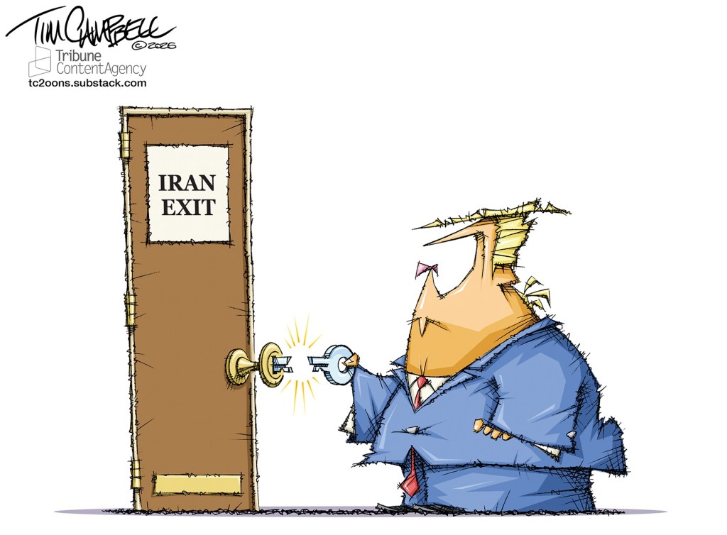 A cartoon by Tim Campbell of Trump trying to open a door labeled "Iran exit," but his key broke in the lock.
