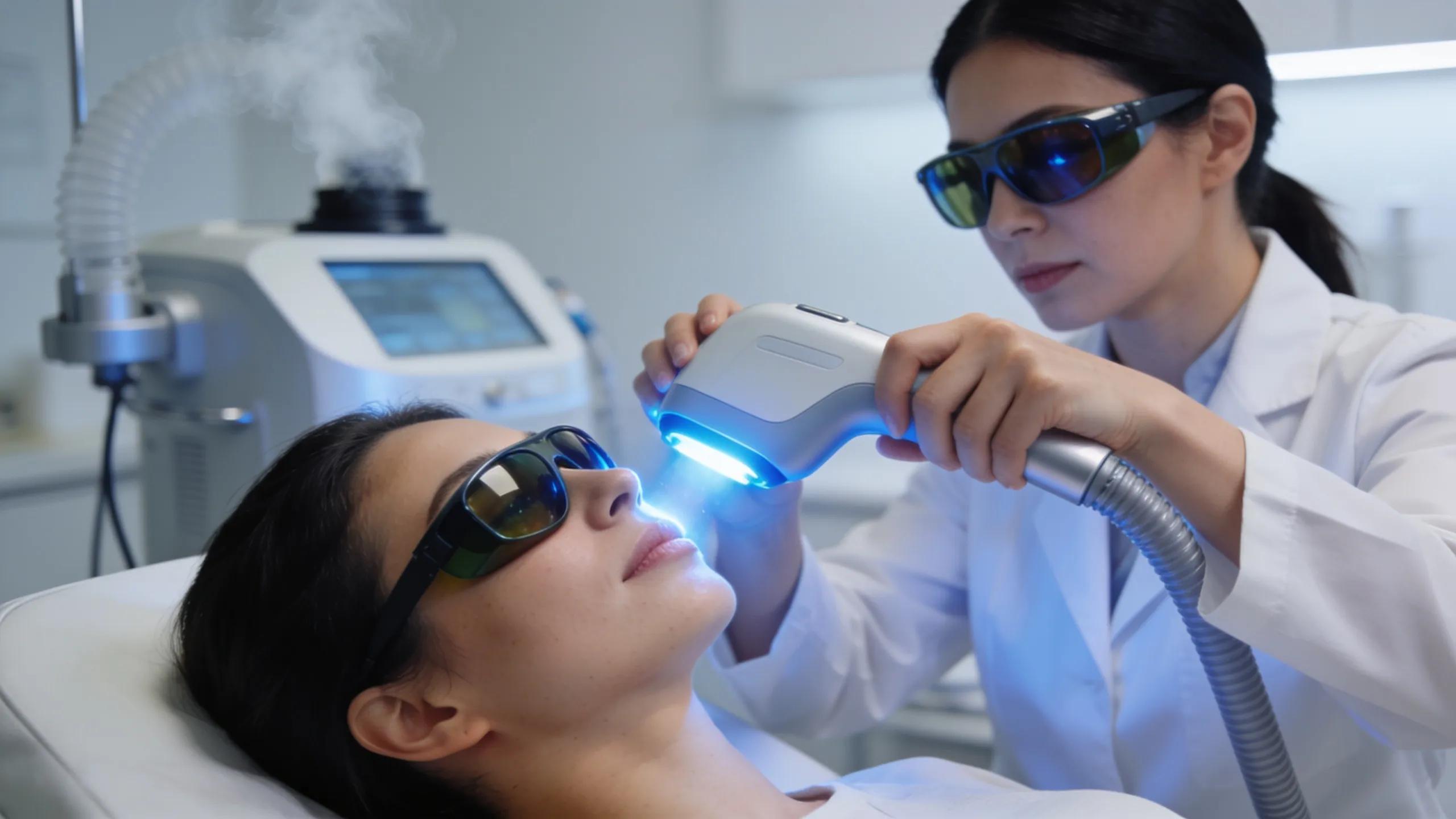 Dermatologist performing laser skin resurfacing on a patient in a modern dermatology clinic