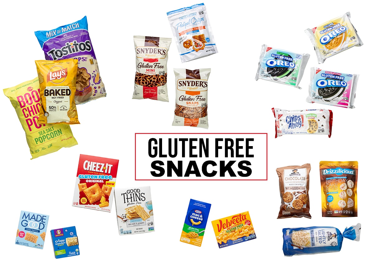 Assorted packaged gluten free snacks arranged around a boxed graphic that says “GLUTEN FREE SNACKS.”