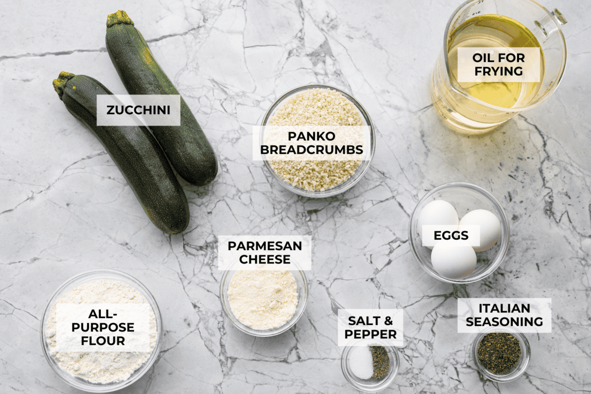 Overhead shot of labeled fried zucchini ingredients. 