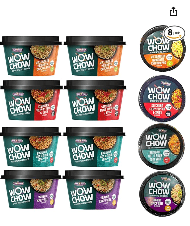 Wow Chow gluten free rice noodle pots in 4 different flavours.