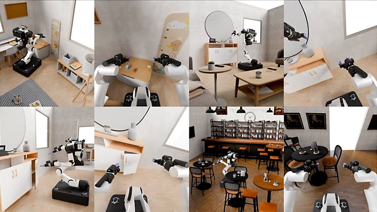 Multiple AI-generated scenes for robot testing are shown.