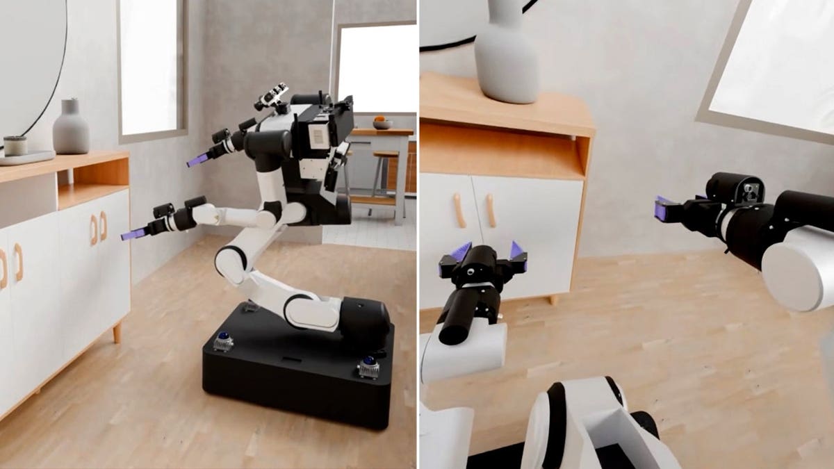 Two AI-generated scenes with a robot being tested.