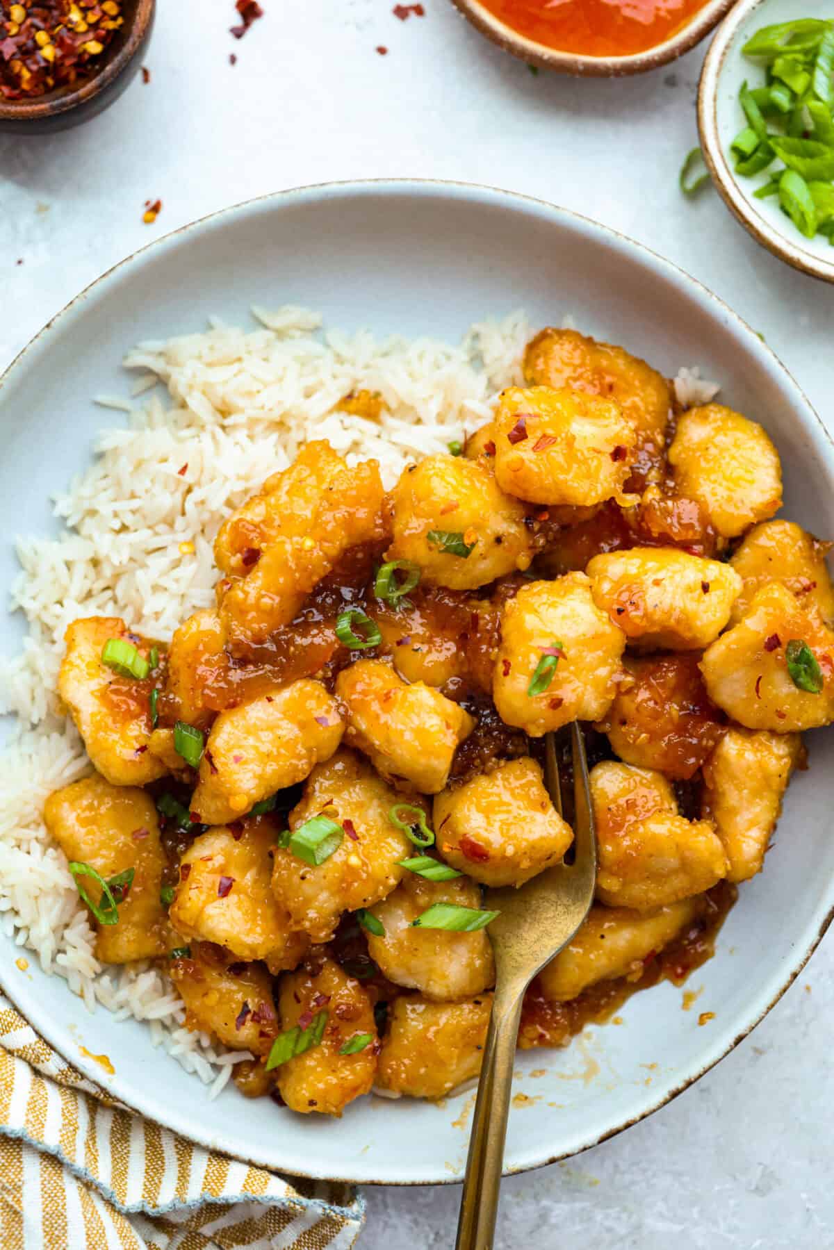 Plated sticky apricot chicken on a bed or rice. 