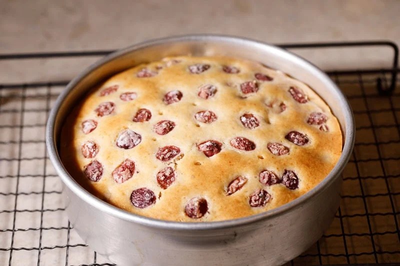 Cherry cake in pan kept on wired rack.