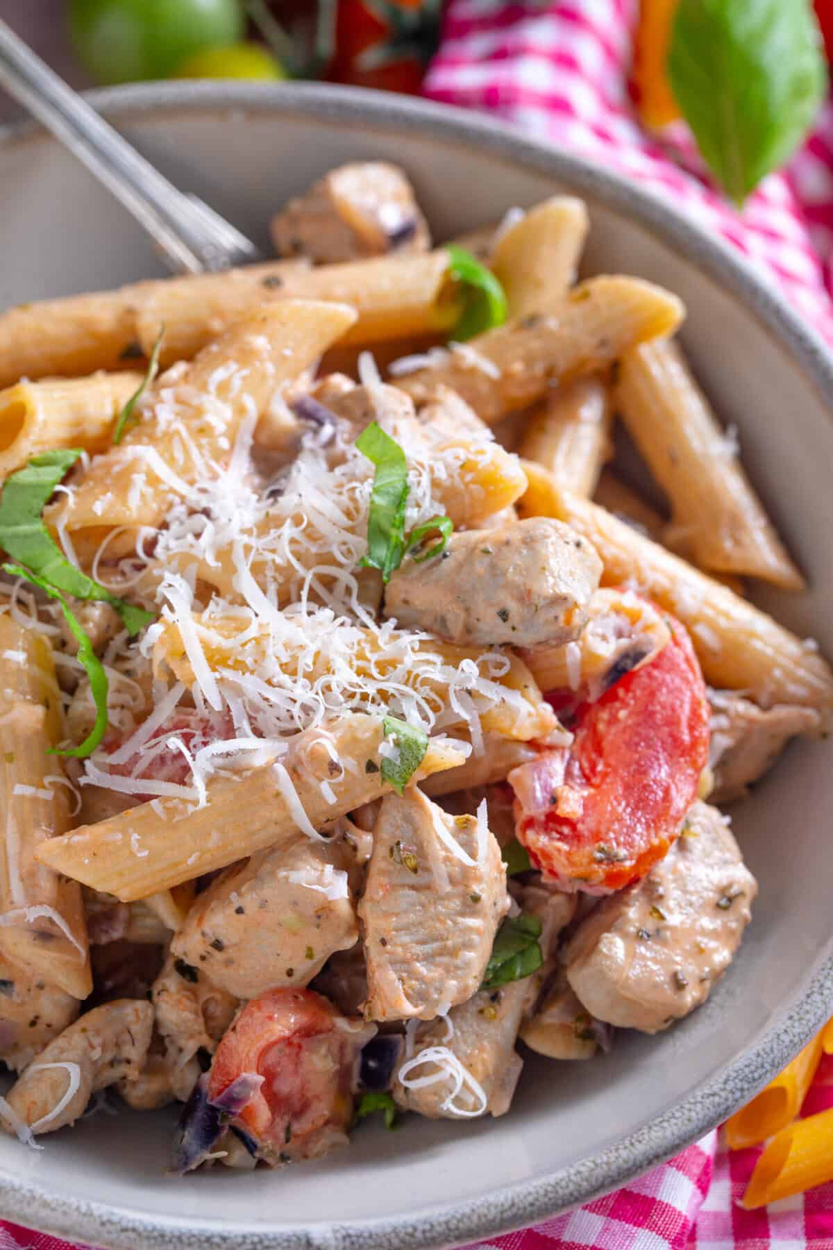 Close up of a bowl of creamy chicken and tomato pasta with parmesan and basil on top.