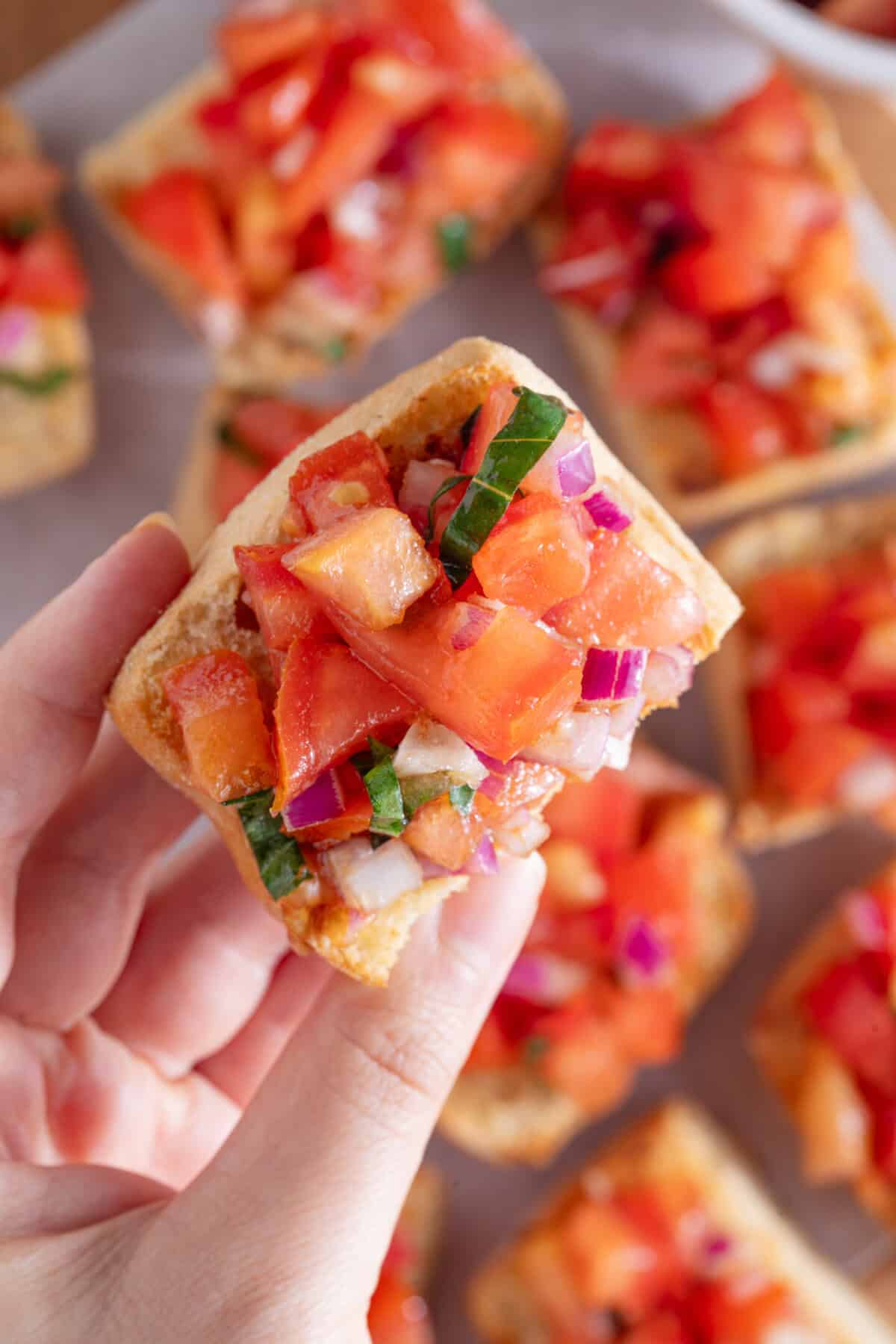 A hand holding a gluten free, tomato-topped bruschetta.