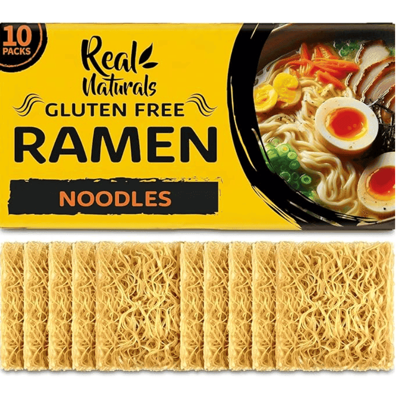 a pack of gluten free ramen noodles with a stack of noodle cakes underneath.