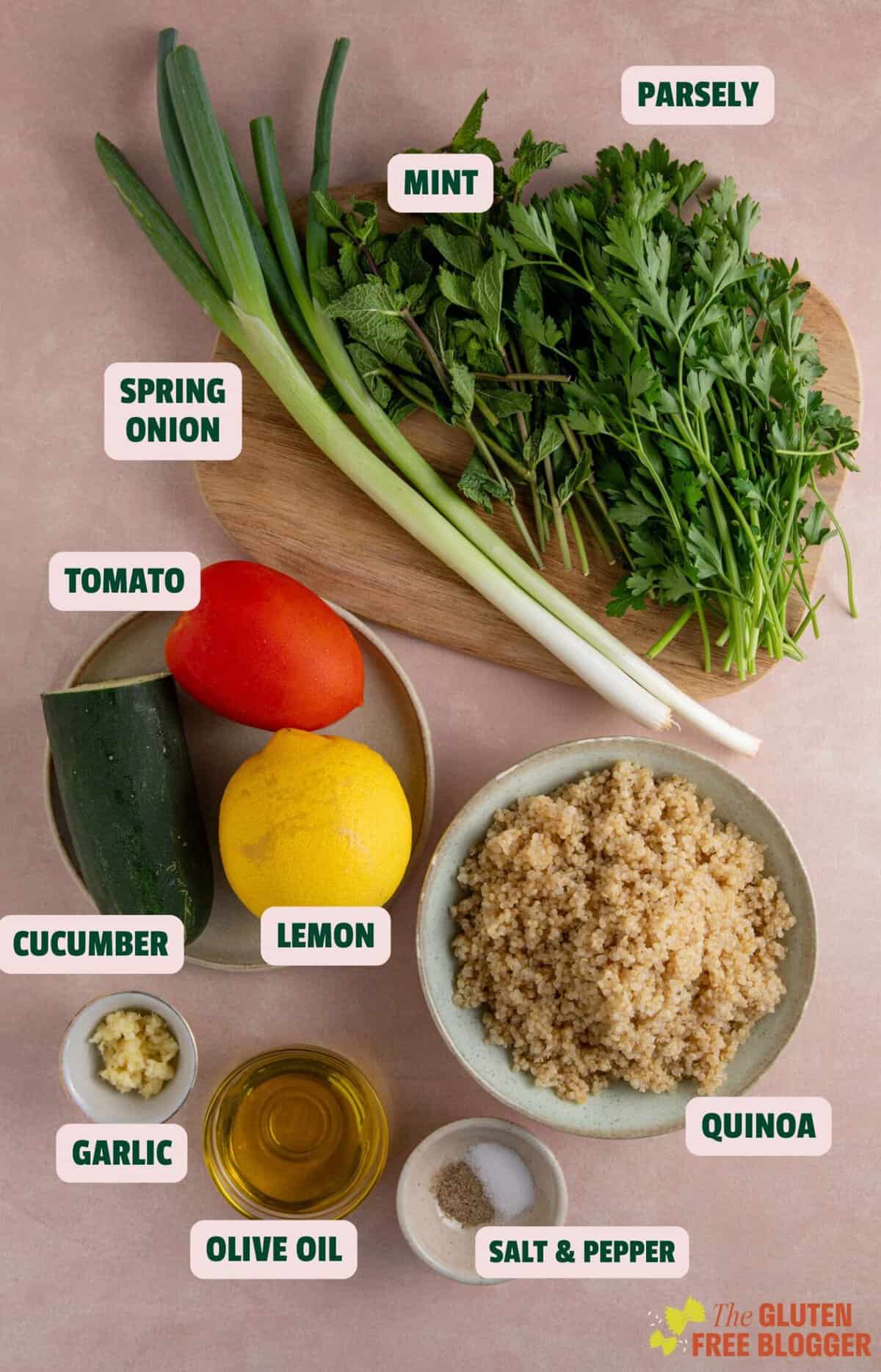 Ingredients for gluten free tabbouleh laid out with text labels.
