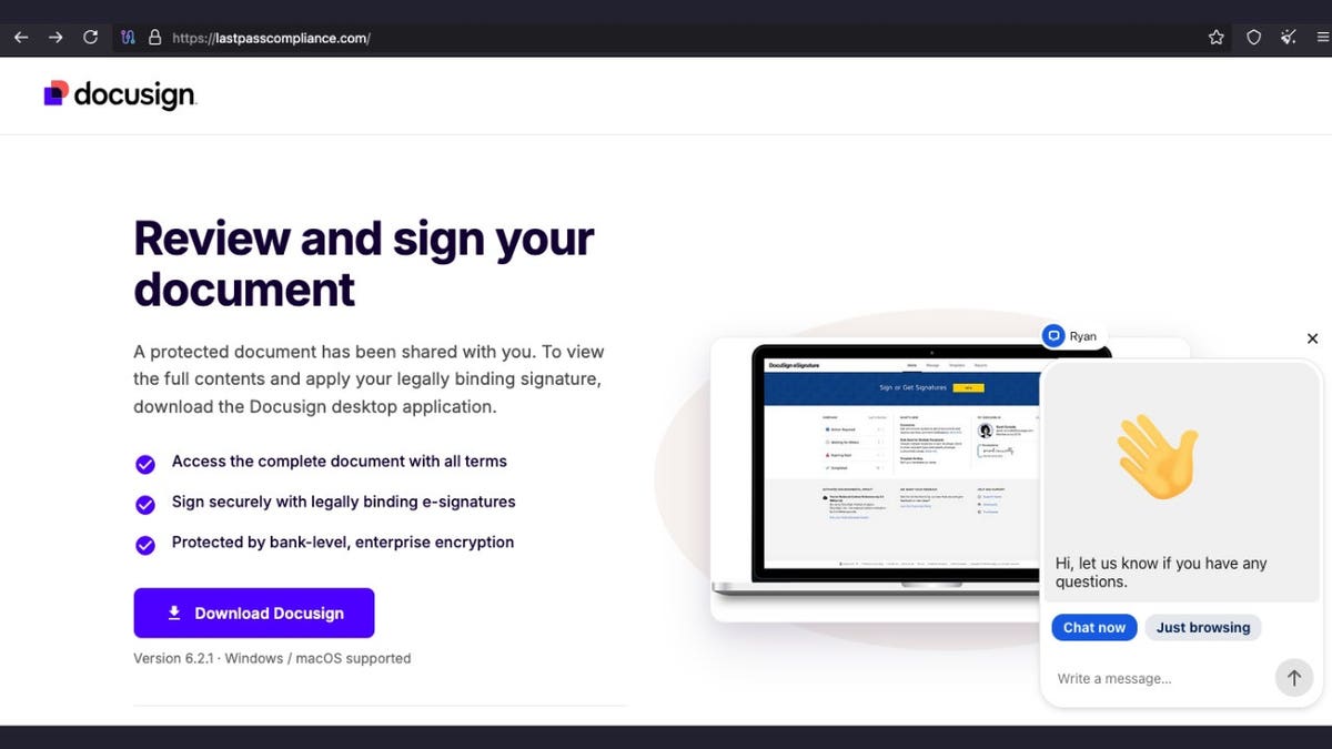 A fraudulent DocuSign page is shown.