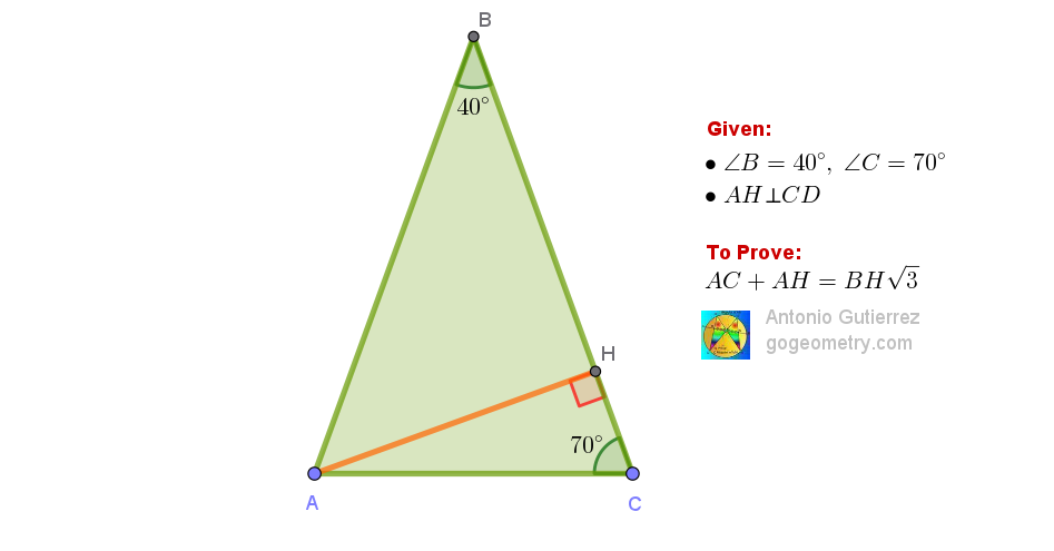 Illustration of Geometry Problem 1621: Isosceles Triangle, 40-70 Degrees, Altitude
