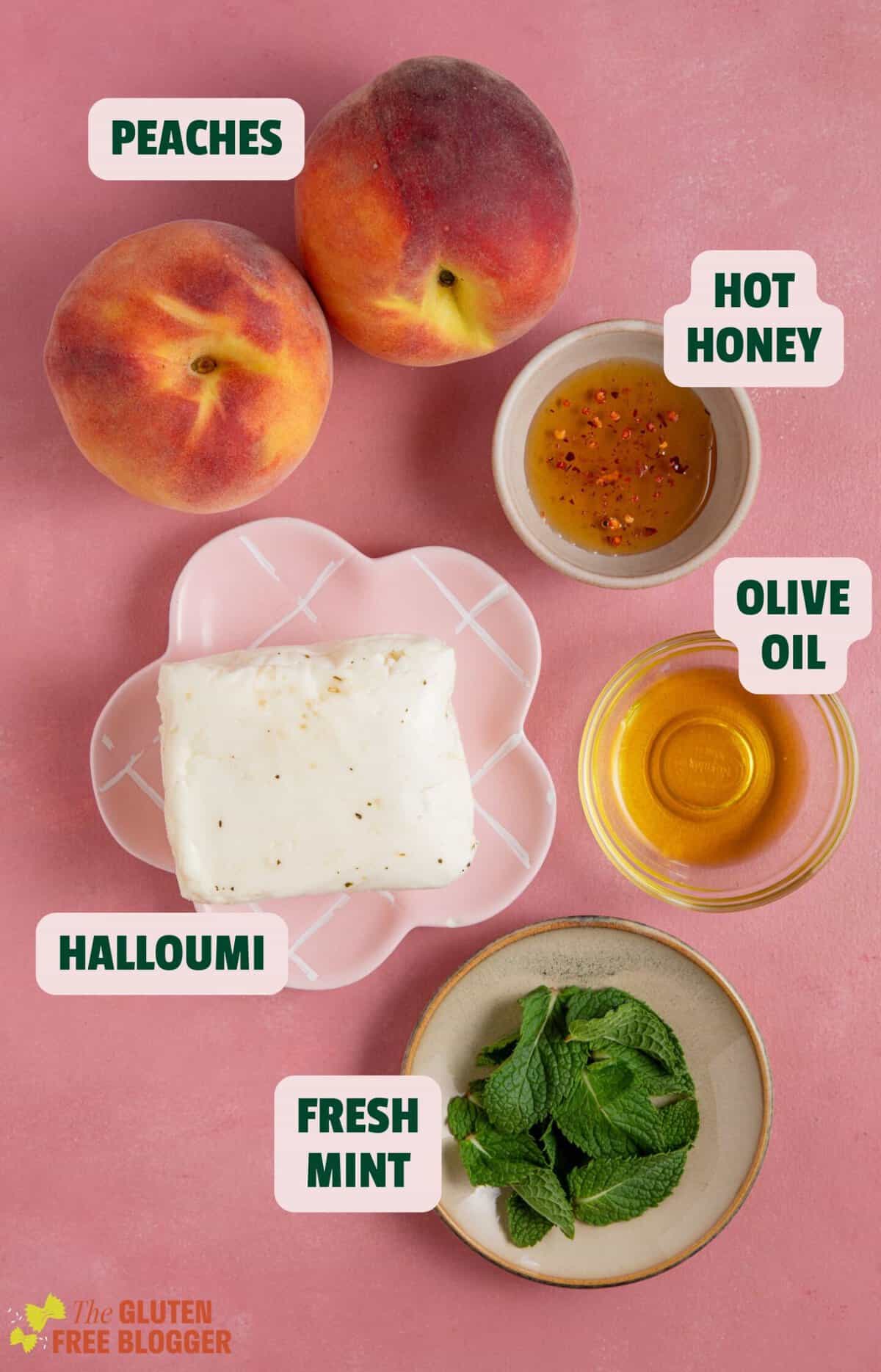 Ingredients for halloumi and peach salad recipe with text labels.