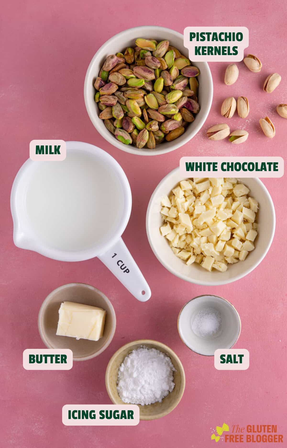 Ingredients for homemade pistachio spread laid out with text labels.