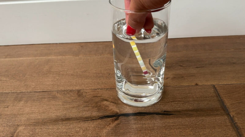 an image of a person measuring the pH in water using a pH strip