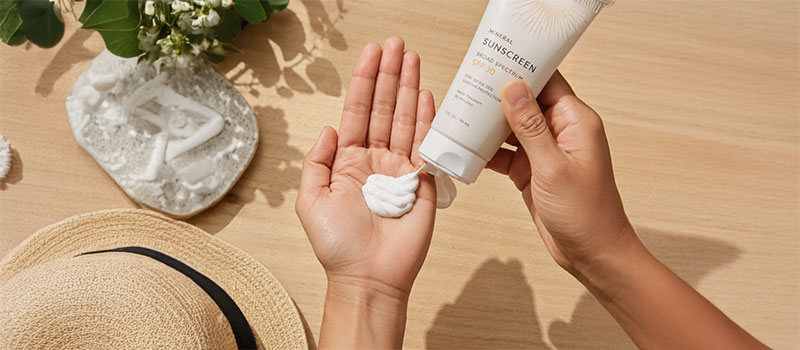 Adult hand holding correct one-ounce sunscreen amount needed for full body coverage