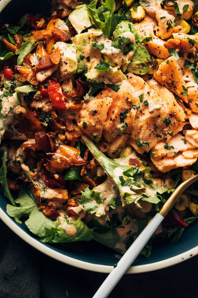 Oliver's salad with salmon on top.