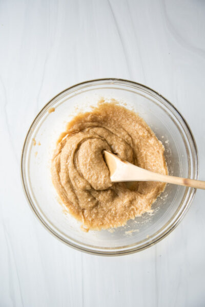 wet ingredients for chocolate chip cookies with coconut flour in a bowl