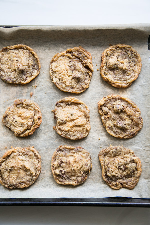 gluten-free chocolate chip cookies with coconut flour on a sheet pan after baking