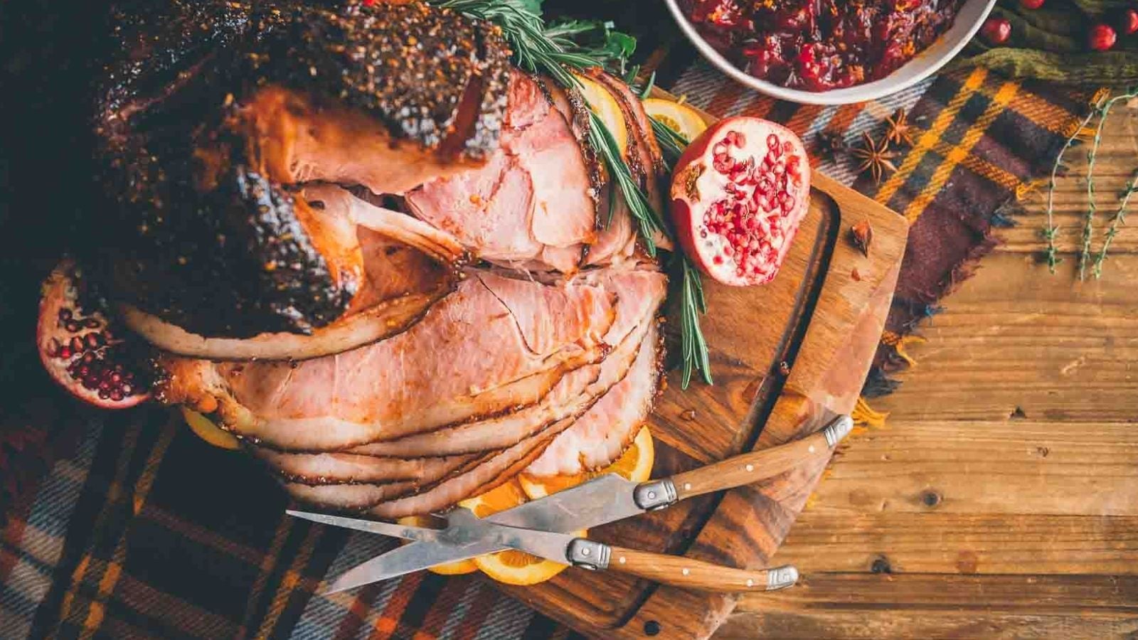 Spiral ham smoked with maple bourbon glaze caramelized over the exterior.