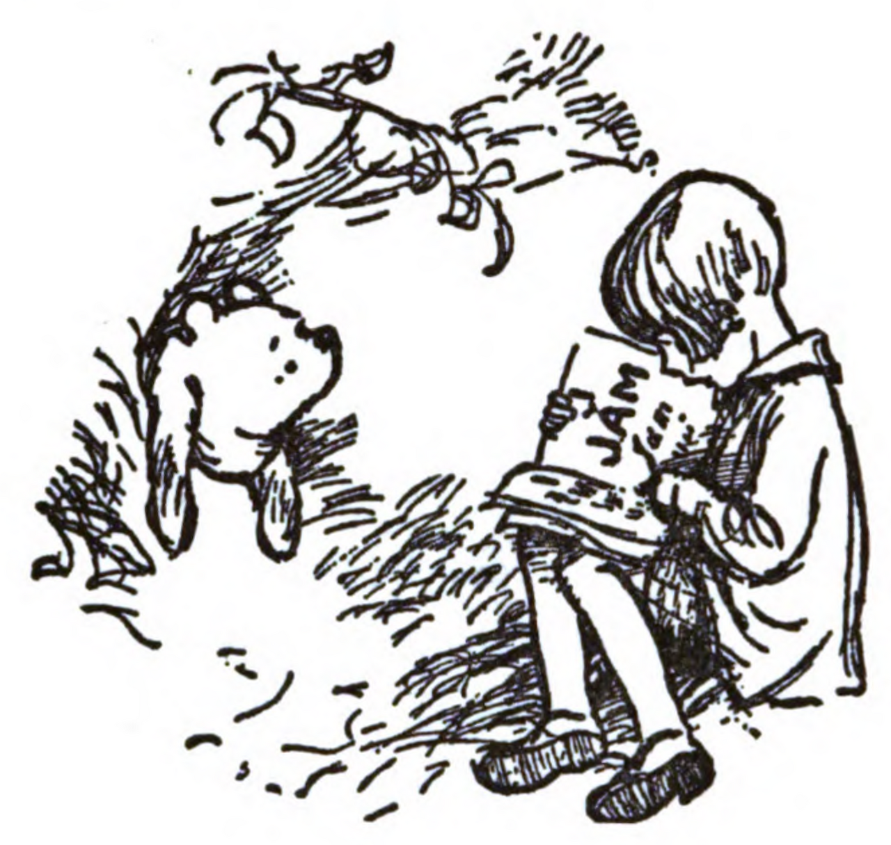 Pooh listening to Christopher Robin, Winnie-the-Pooh (1926); illustration by E. H. Shepard.